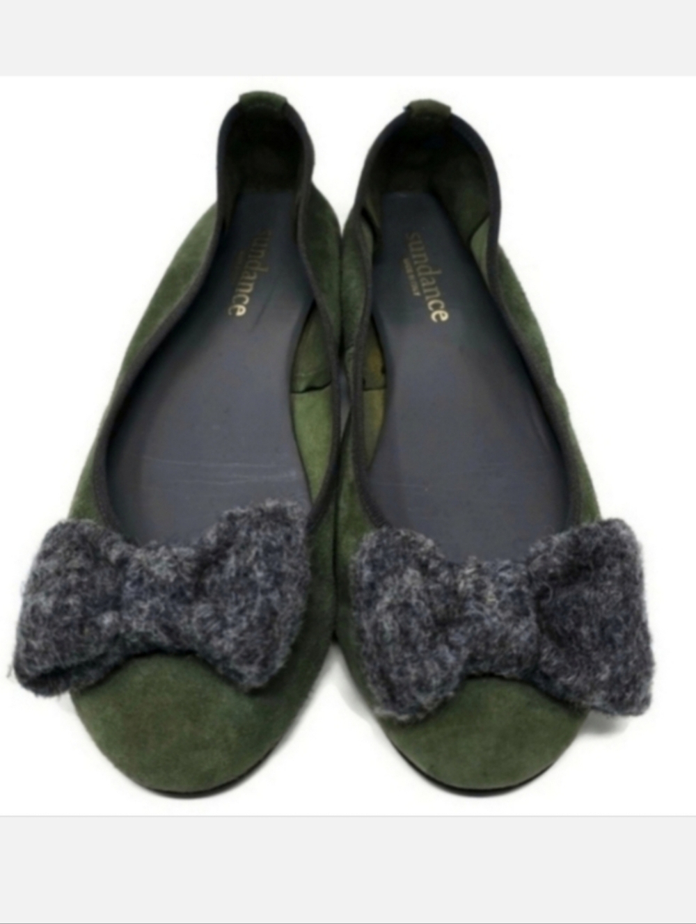 Sundance Fanfare Hunter Green Suede Felted Wool Bow Ballet Flats Women’s 6